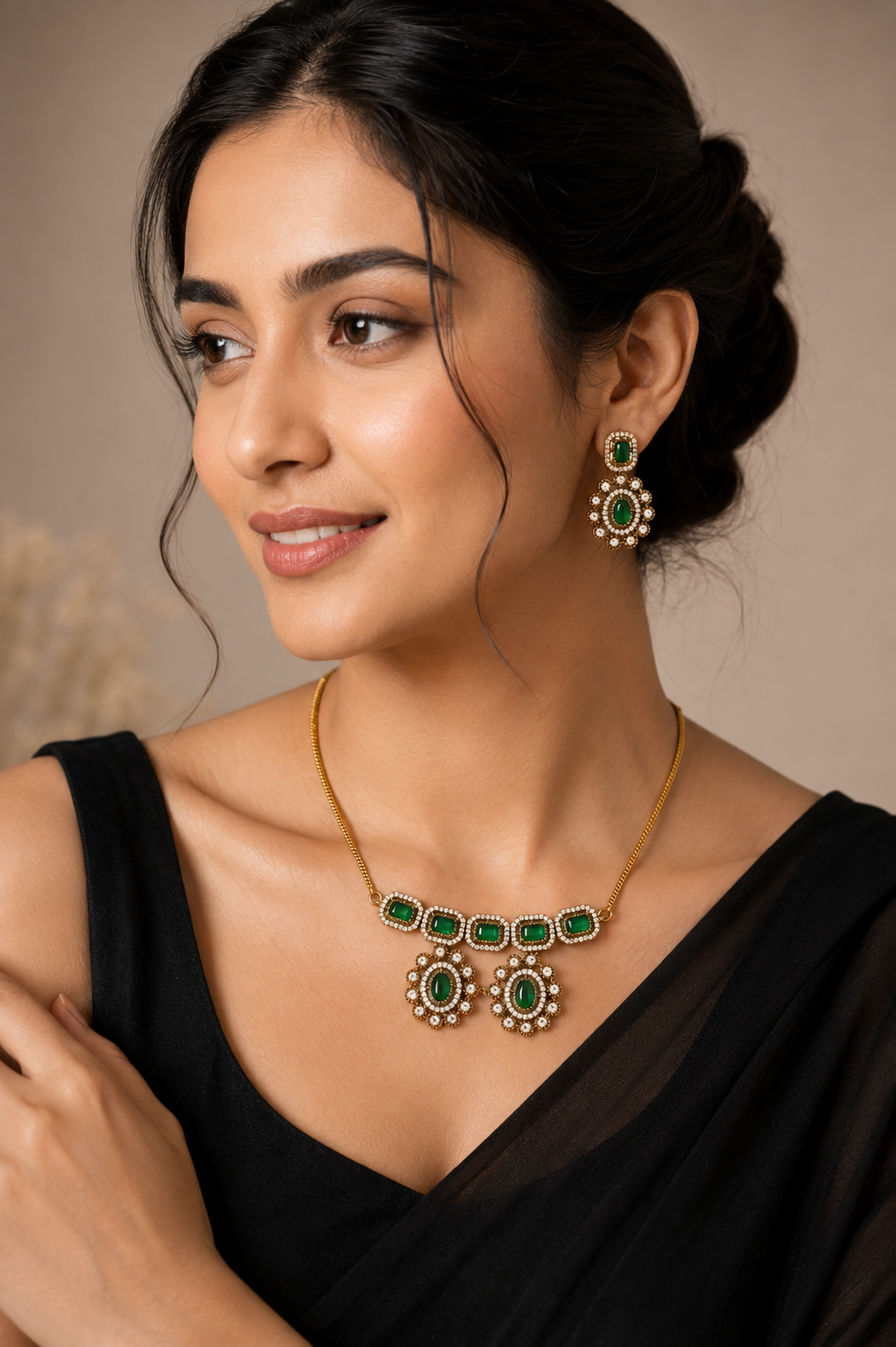 Emerald Green Stone Necklace Set with Matching Earrings | Gold Plated Party Wear Jewellery