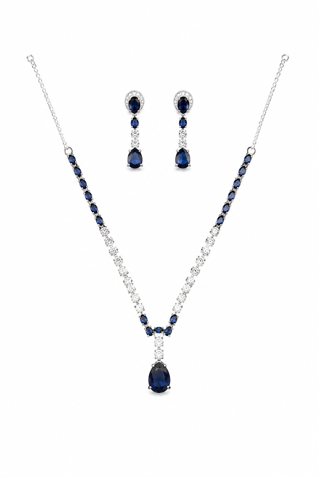 Blue Sapphire Stone Necklace Set with Matching Drop Earrings | Silver Plated Party Wear Jewellery