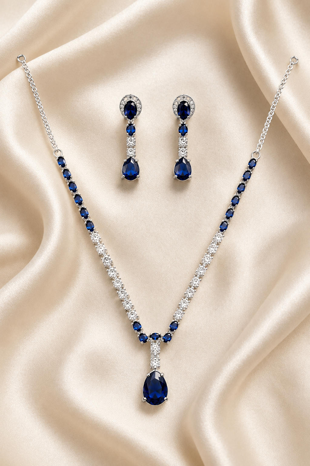 Blue Sapphire Stone Necklace Set with Matching Drop Earrings | Silver Plated Party Wear Jewellery