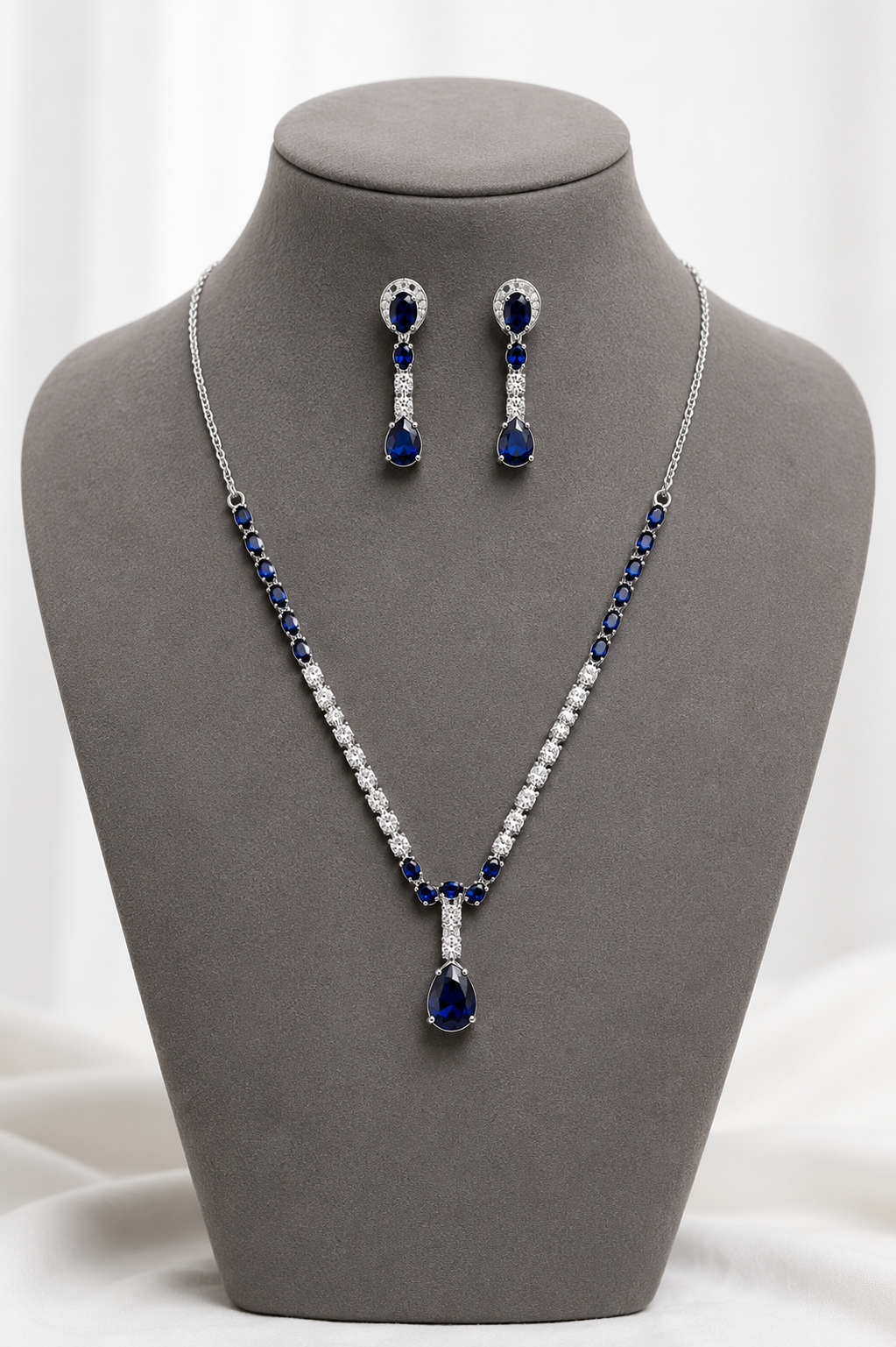 Blue Sapphire Stone Necklace Set with Matching Drop Earrings | Silver Plated Party Wear Jewellery