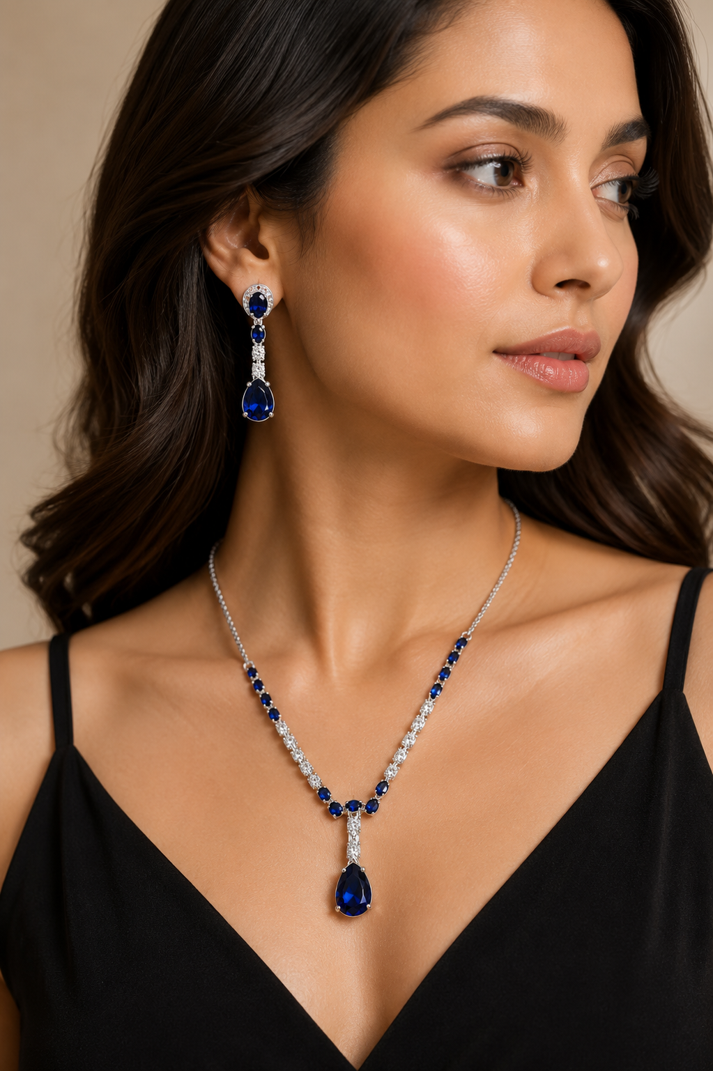 Blue Sapphire Stone Necklace Set with Matching Drop Earrings | Silver Plated Party Wear Jewellery