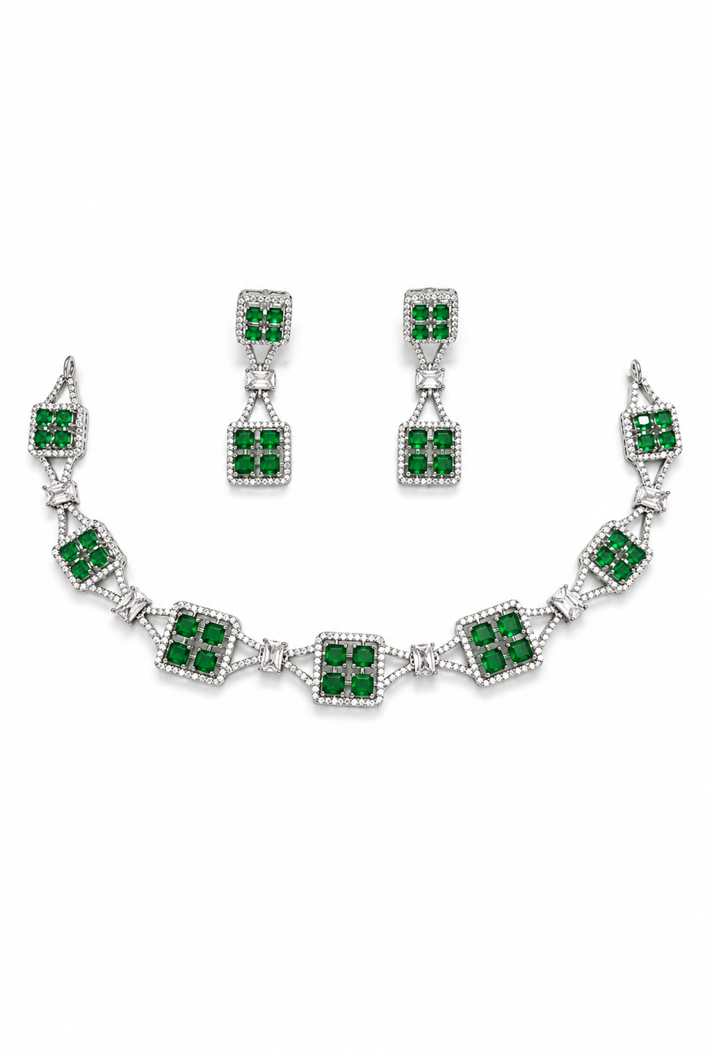 Emerald Green Geometric Necklace Set with Matching Drop Earrings | Silver Plated Designer Jewellery