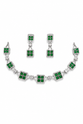Emerald Green Geometric Necklace Set with Matching Drop Earrings | Silver Plated Designer Jewellery