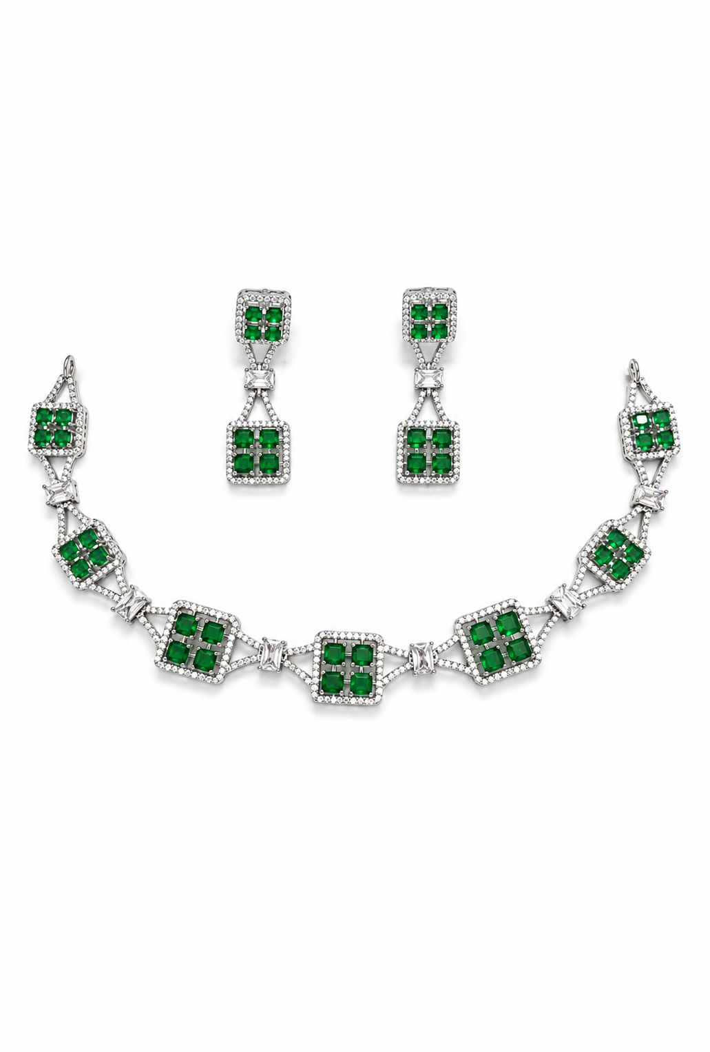 Emerald Green Geometric Necklace Set with Matching Drop Earrings | Silver Plated Designer Jewellery
