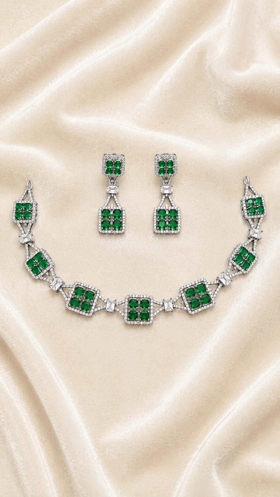 Emerald Green Geometric Necklace Set with Matching Drop Earrings | Silver Plated Designer Jewellery