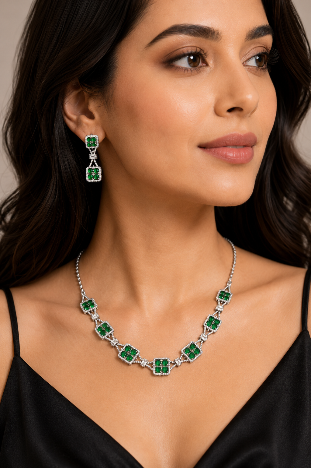 Emerald Green Geometric Necklace Set with Matching Drop Earrings | Silver Plated Designer Jewellery