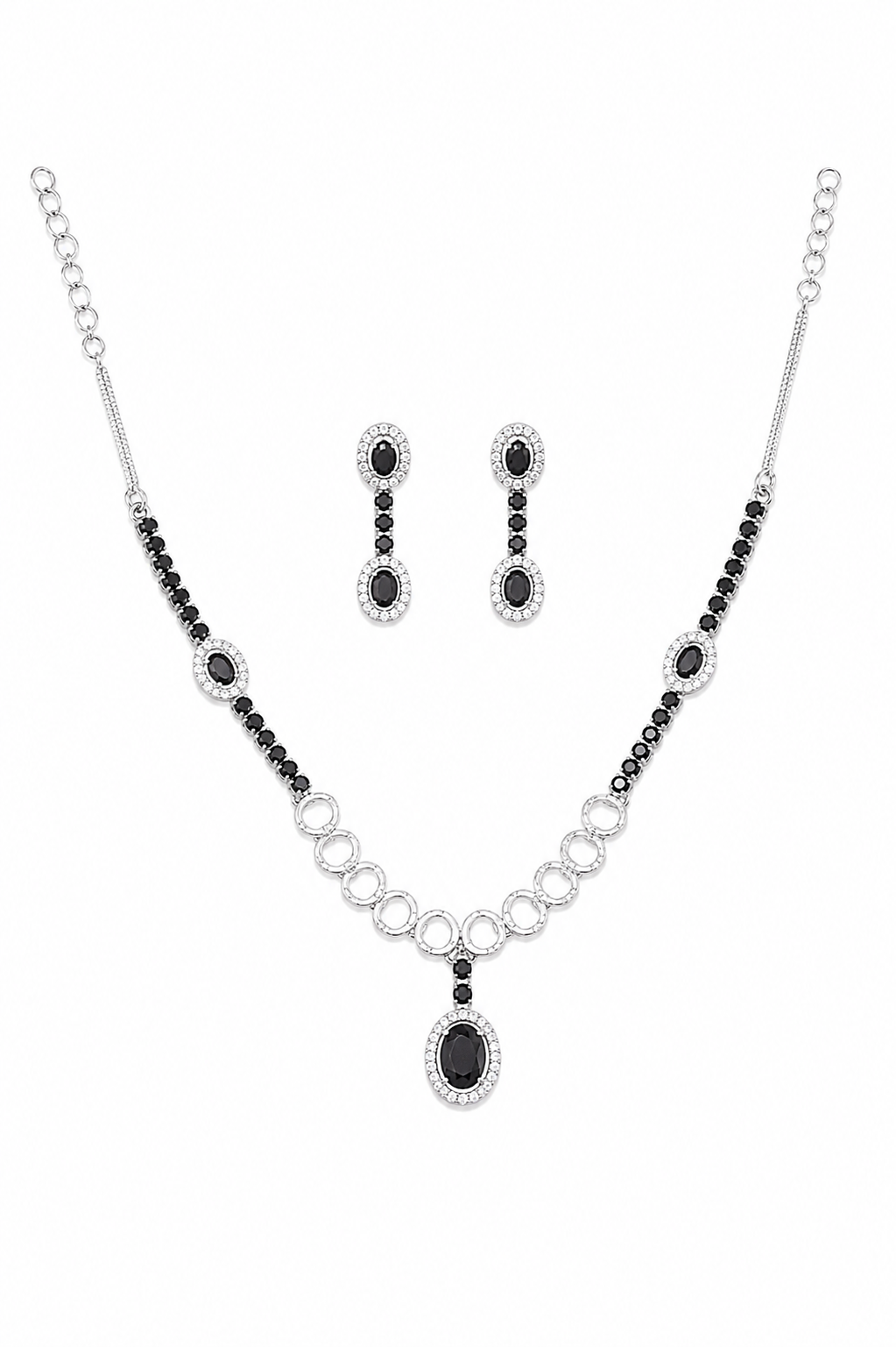 Silver Plated Black AD Stone Necklace Set for Women with Matching Earrings | American Diamond Party Wear Jewellery Set