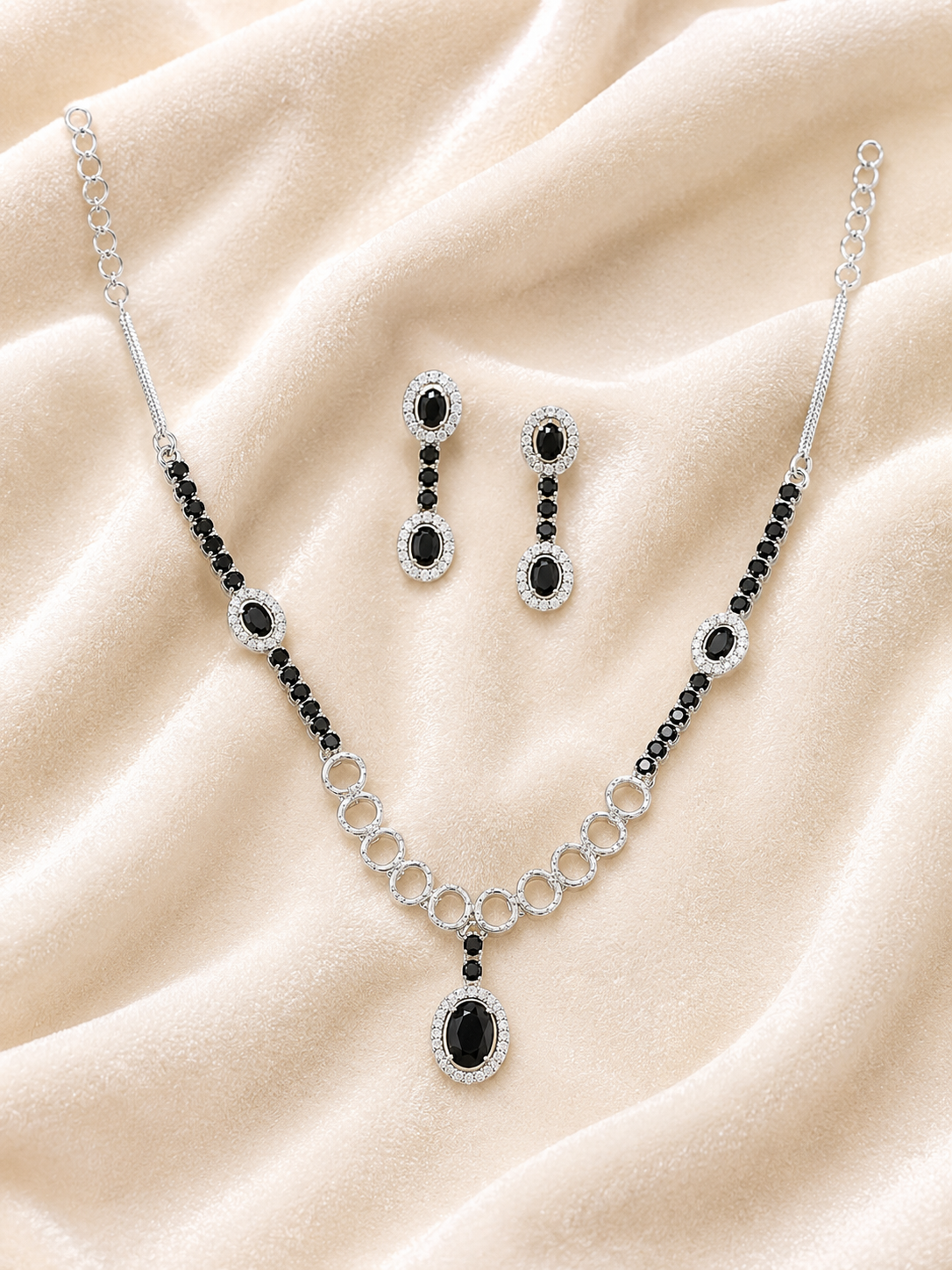 Silver Plated Black AD Stone Necklace Set for Women with Matching Earrings | American Diamond Party Wear Jewellery Set