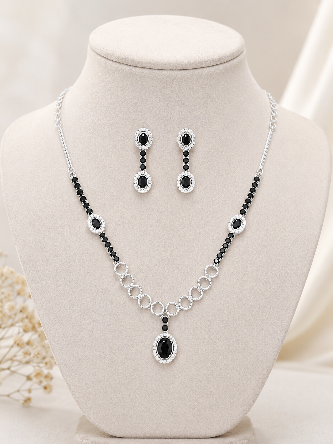 Silver Plated Black AD Stone Necklace Set for Women with Matching Earrings | American Diamond Party Wear Jewellery Set