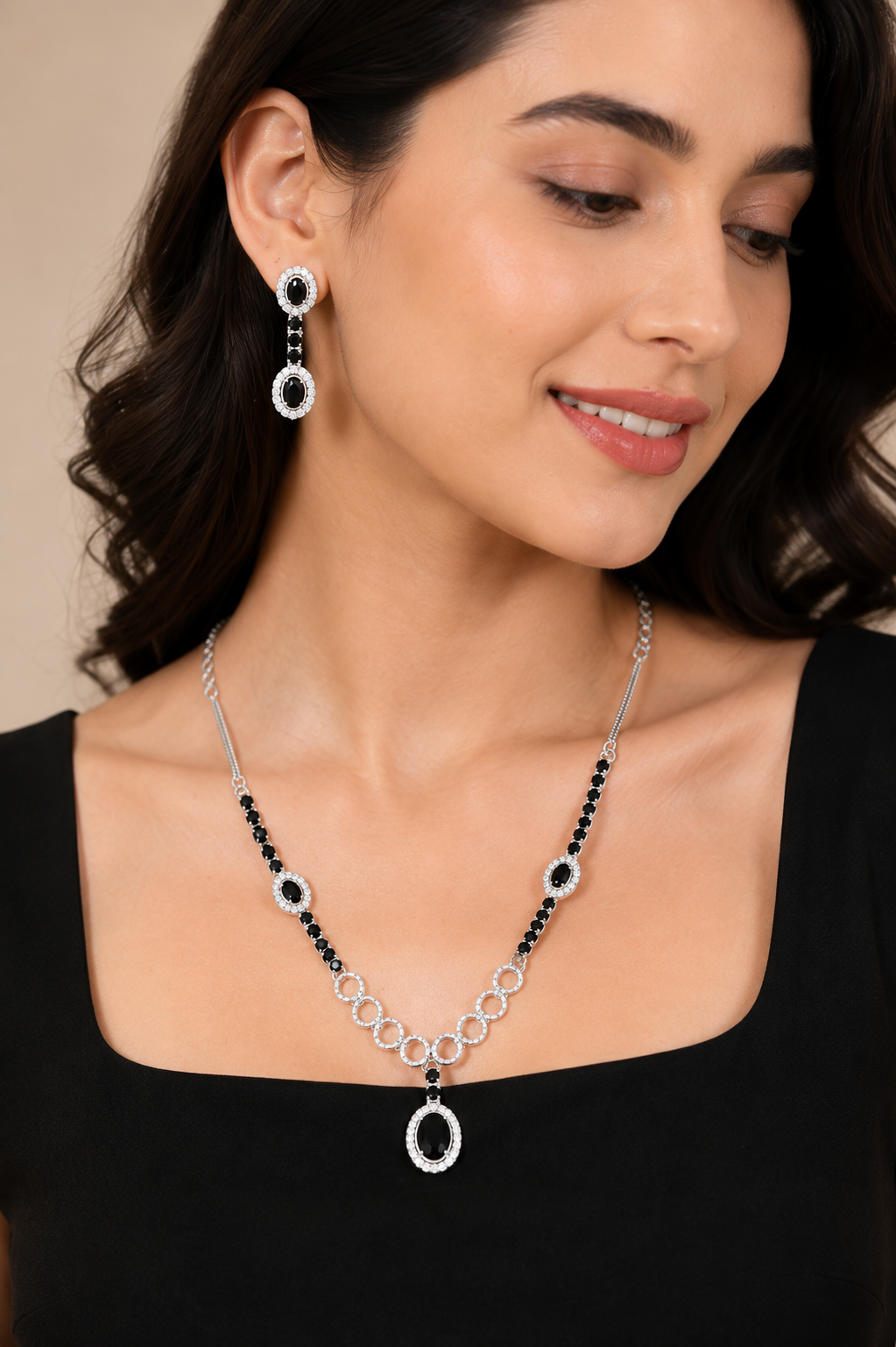 Silver Plated Black AD Stone Necklace Set for Women with Matching Earrings | American Diamond Party Wear Jewellery Set
