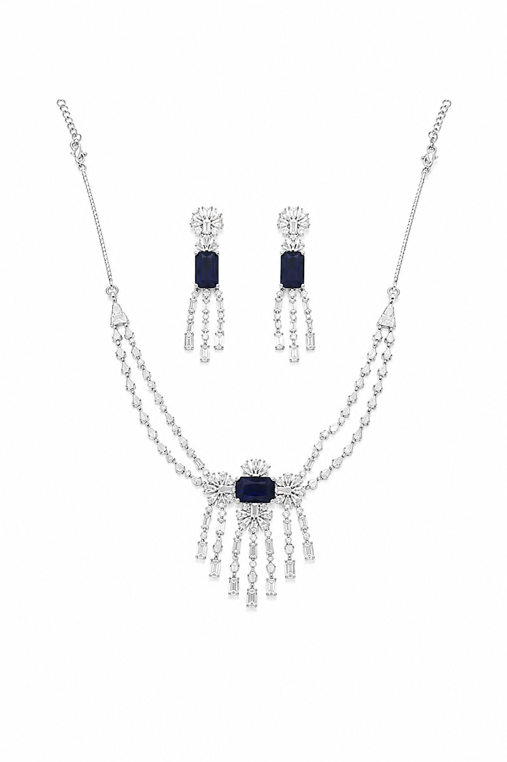 Silver Plated Blue Stone AD Necklace Set for Women with Matching Drop Earrings | American Diamond Party Wear Jewellery Set