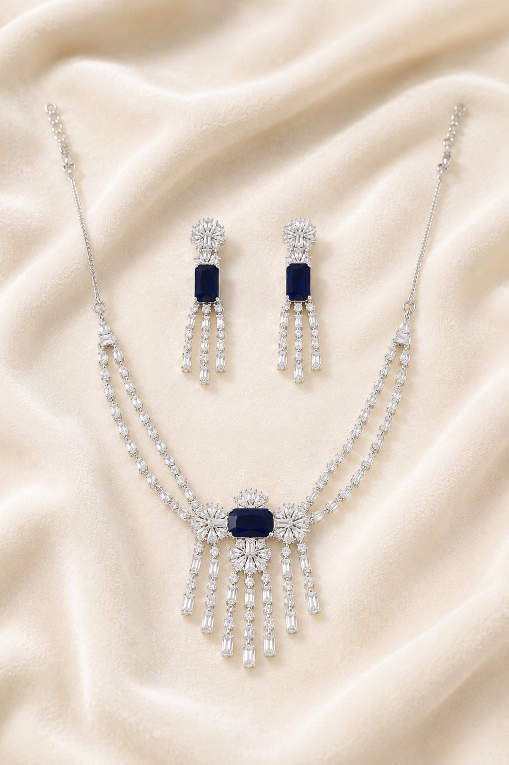 Silver Plated Blue Stone AD Necklace Set for Women with Matching Drop Earrings | American Diamond Party Wear Jewellery Set