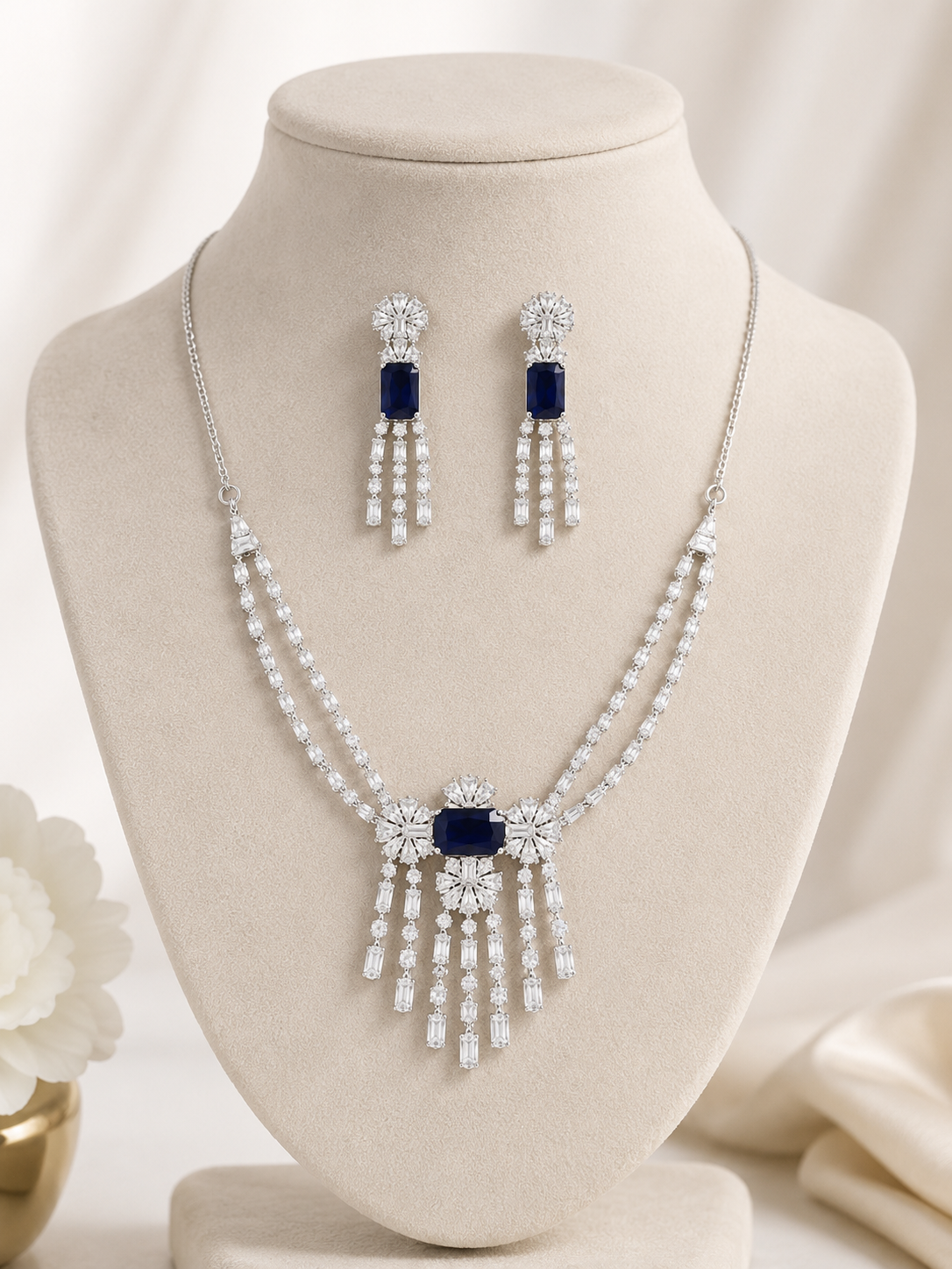 Silver Plated Blue Stone AD Necklace Set for Women with Matching Drop Earrings | American Diamond Party Wear Jewellery Set
