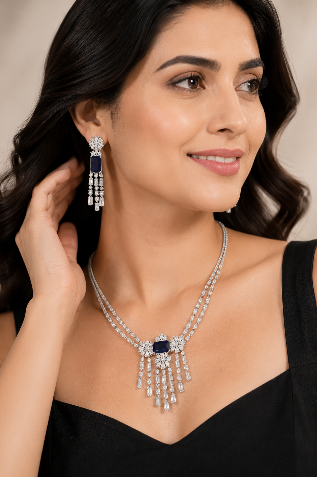 Silver Plated Blue Stone AD Necklace Set for Women with Matching Drop Earrings | American Diamond Party Wear Jewellery Set
