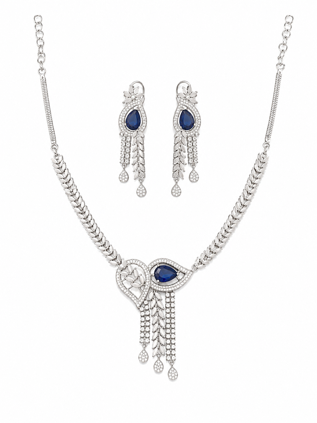 Silver Plated Blue Teardrop AD Stone Necklace Set for Women with Matching Earrings | Premium American Diamond Party Wear Jewellery Set