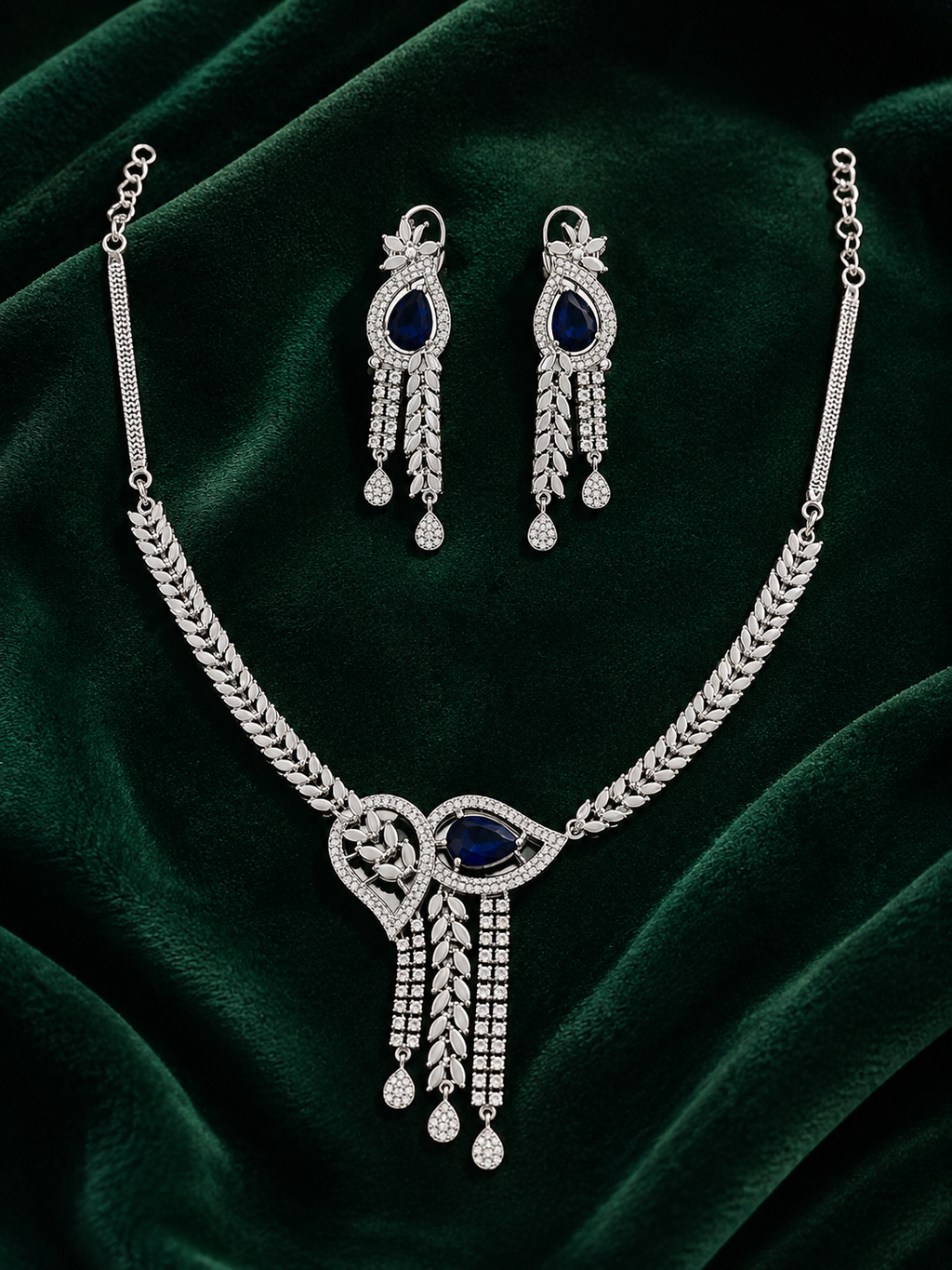 Silver Plated Blue Teardrop AD Stone Necklace Set for Women with Matching Earrings | Premium American Diamond Party Wear Jewellery Set
