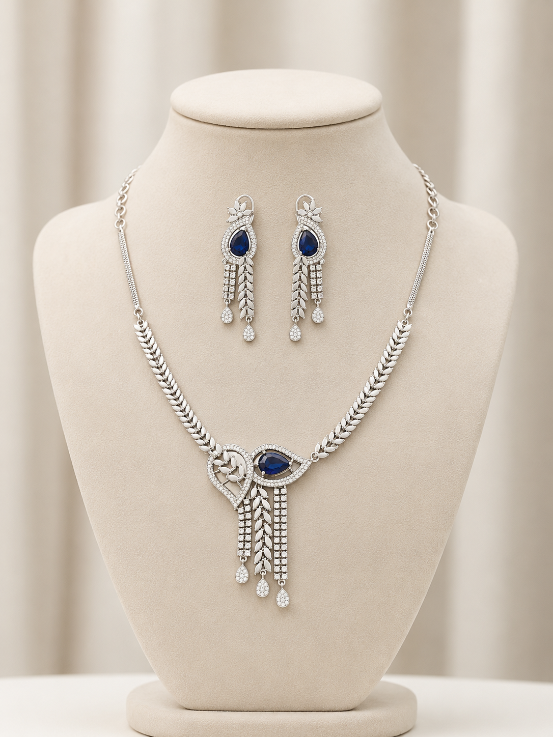 Silver Plated Blue Teardrop AD Stone Necklace Set for Women with Matching Earrings | Premium American Diamond Party Wear Jewellery Set