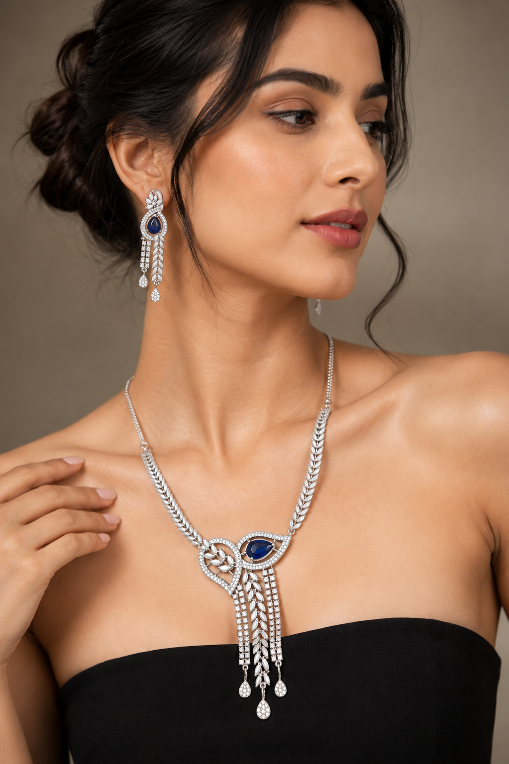 Silver Plated Blue Teardrop AD Stone Necklace Set for Women with Matching Earrings | Premium American Diamond Party Wear Jewellery Set