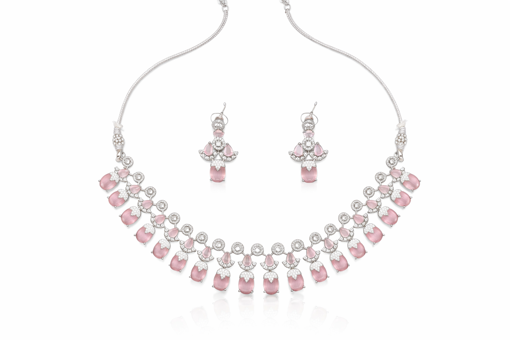 Pink Stone Crystal Necklace Set with Drop Earrings