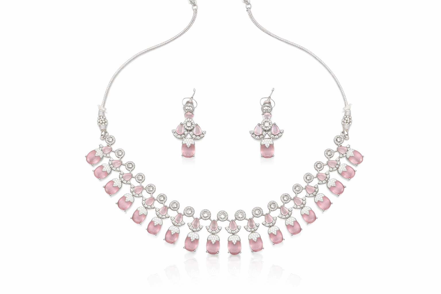 Pink Stone Crystal Necklace Set with Drop Earrings