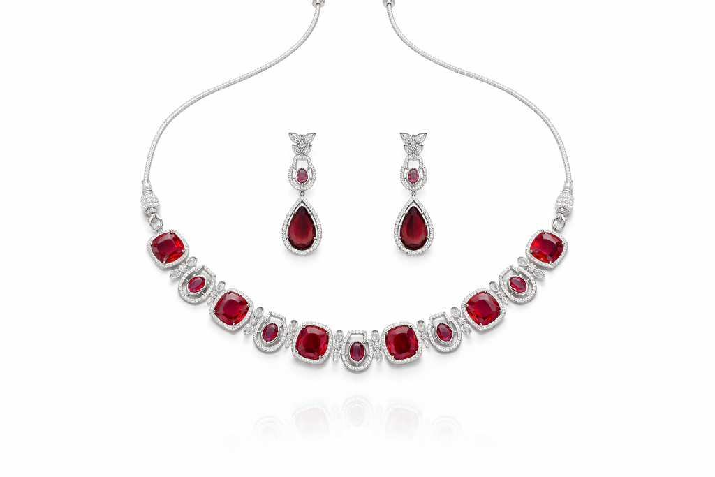 Red Stone Crystal Necklace Set with Drop Earrings