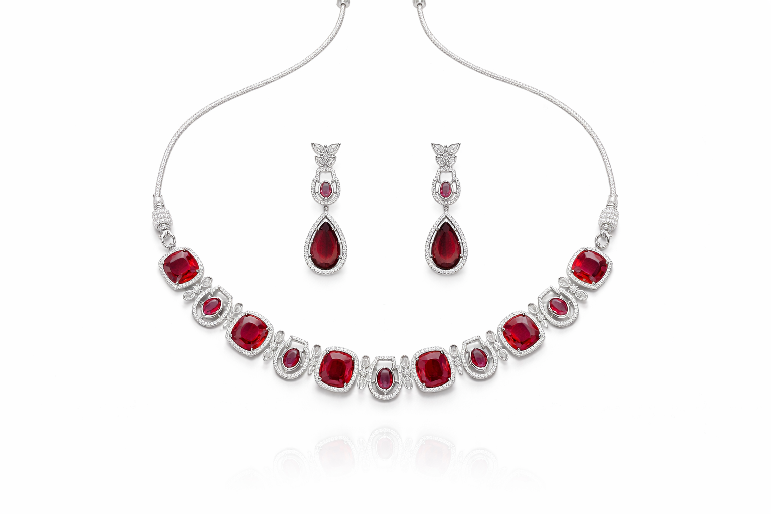 Red Stone Crystal Necklace Set with Drop Earrings