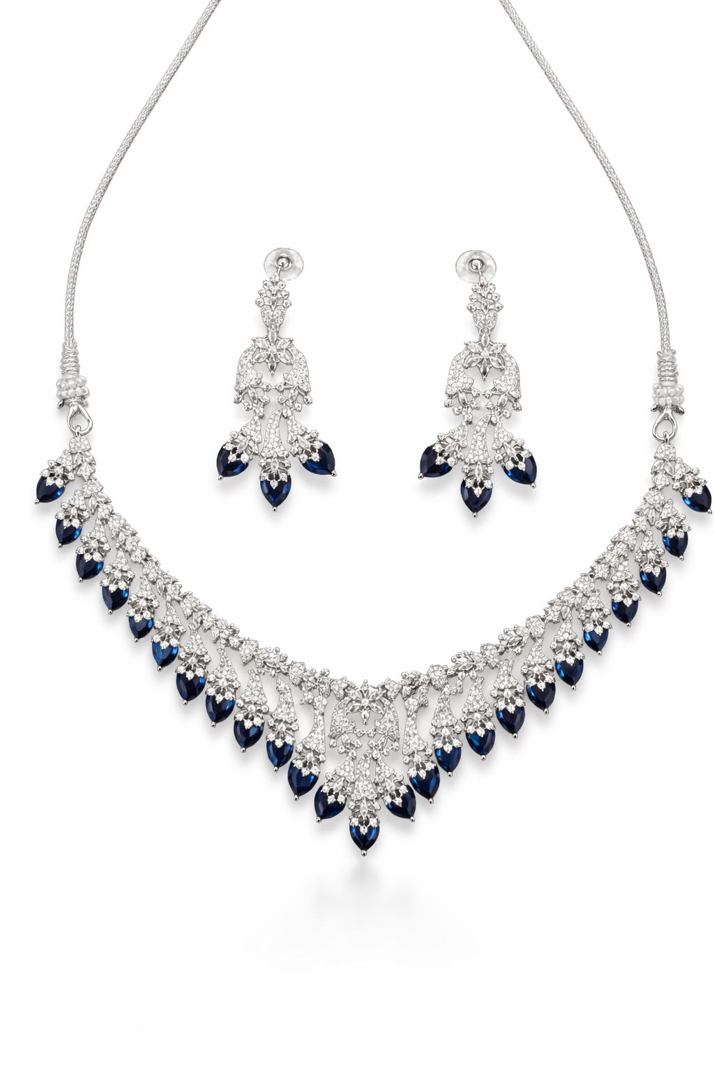 Elegant Silver Necklace Set with Blue Teardrop Stones