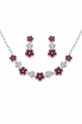 Red Floral Crystal Necklace Set with Drop Earrings
