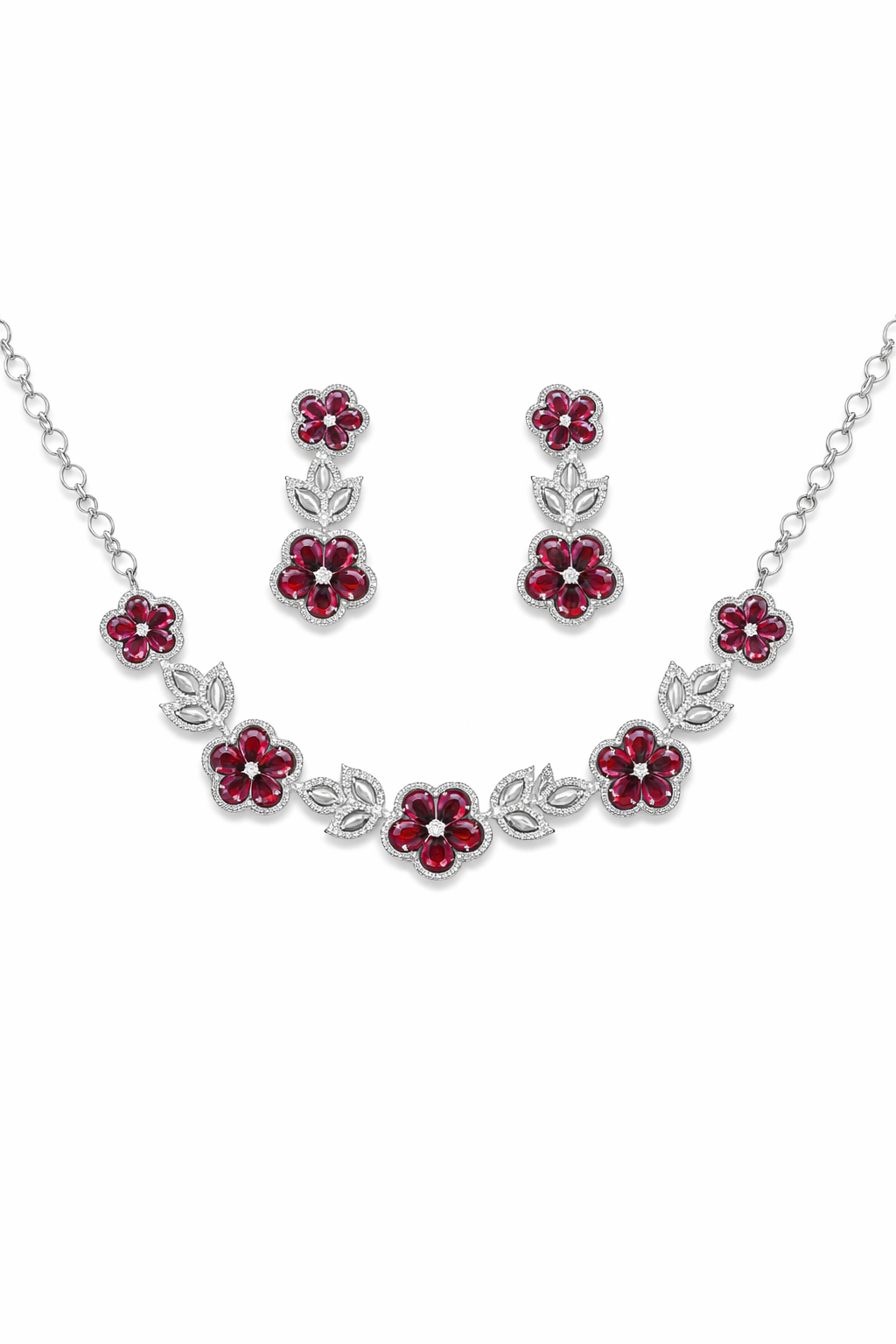 Red Floral Crystal Necklace Set with Drop Earrings