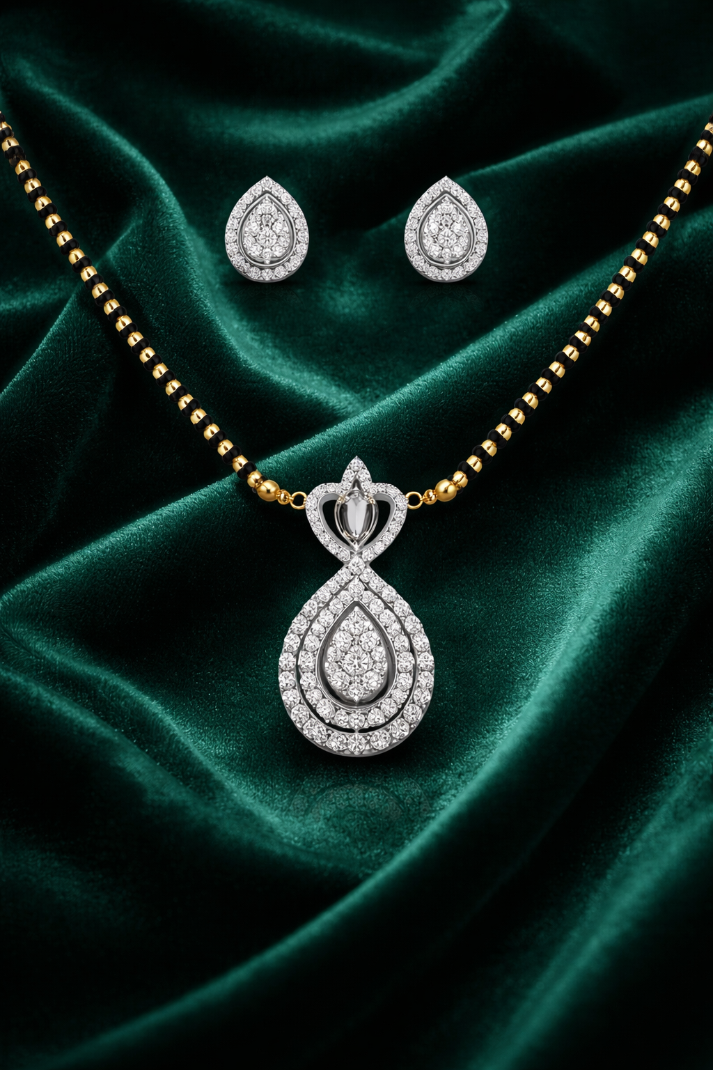 Classic Black Stone American Diamond Mangalsutra Set for Women | Elegant Pendant with Matching Earrings | Gold & Black Beaded Chain
