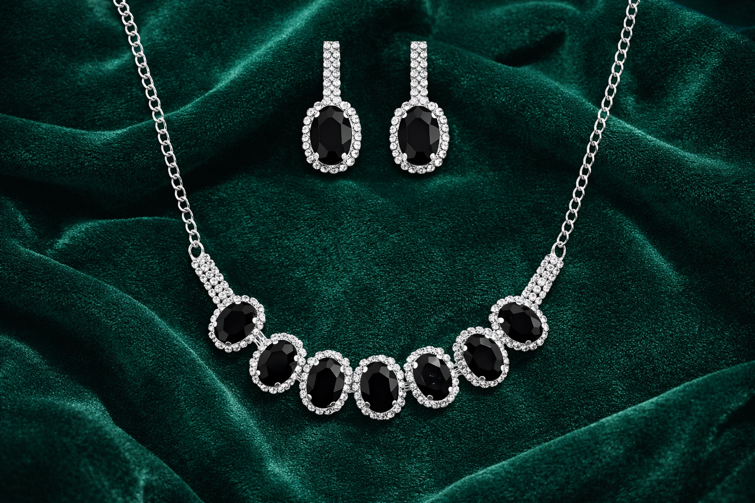 Black Stone AD Necklace Set with Oval Halo Design and Earrings