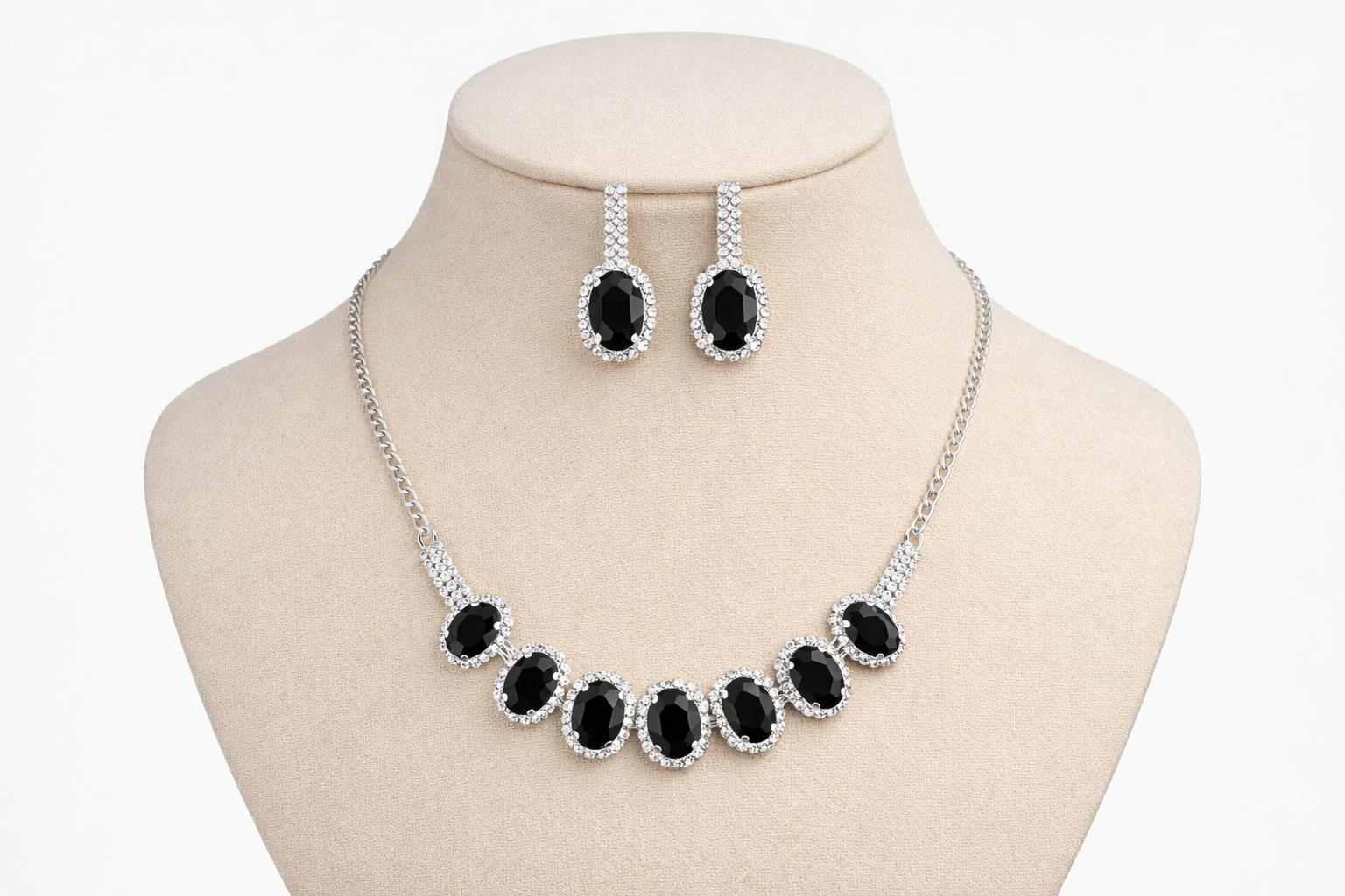 Black Stone AD Necklace Set with Oval Halo Design and Earrings