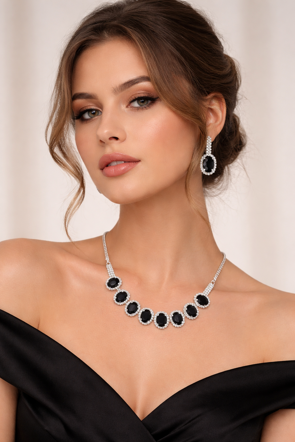 Black Stone AD Necklace Set with Oval Halo Design and Earrings