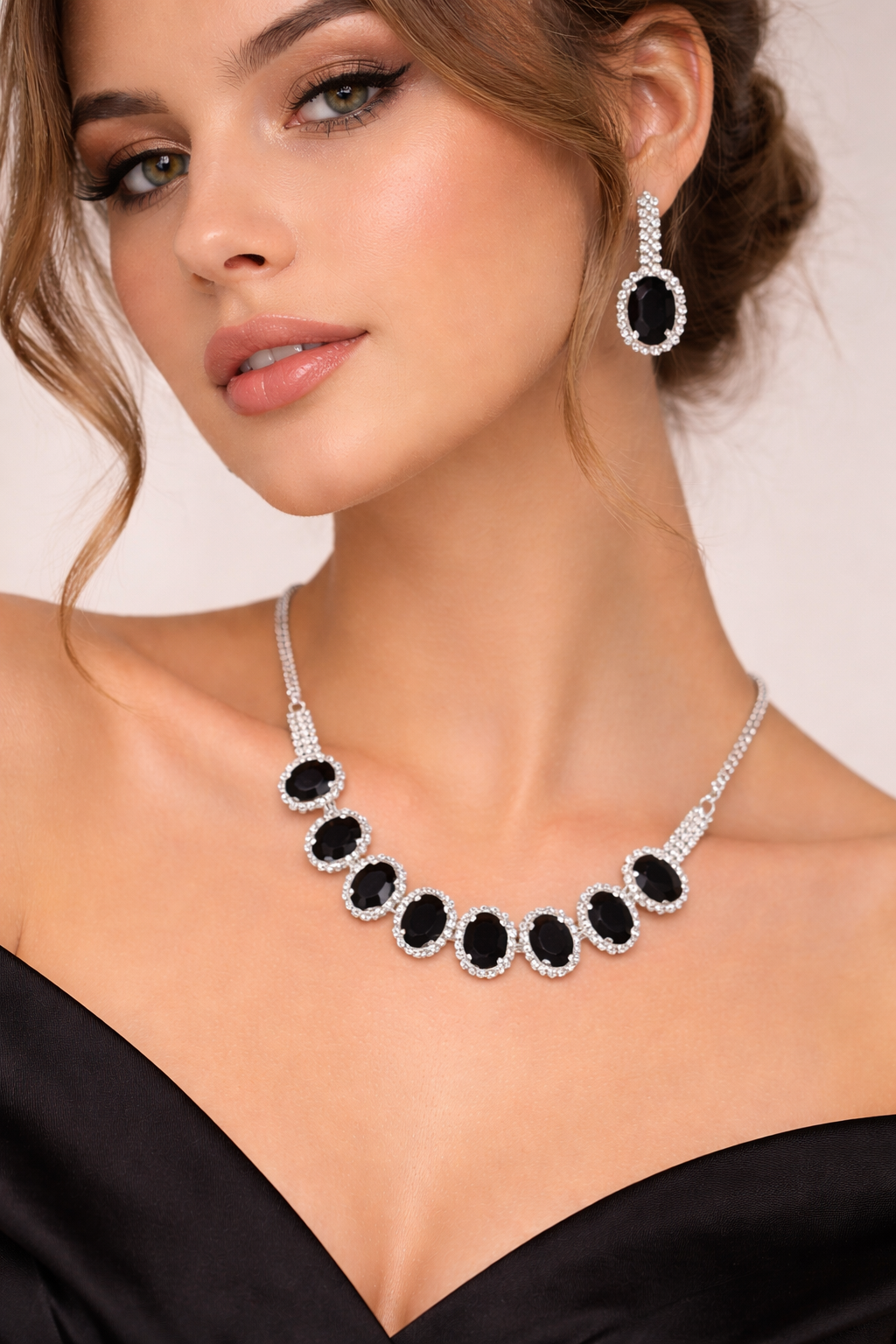 Black Stone AD Necklace Set with Oval Halo Design and Earrings