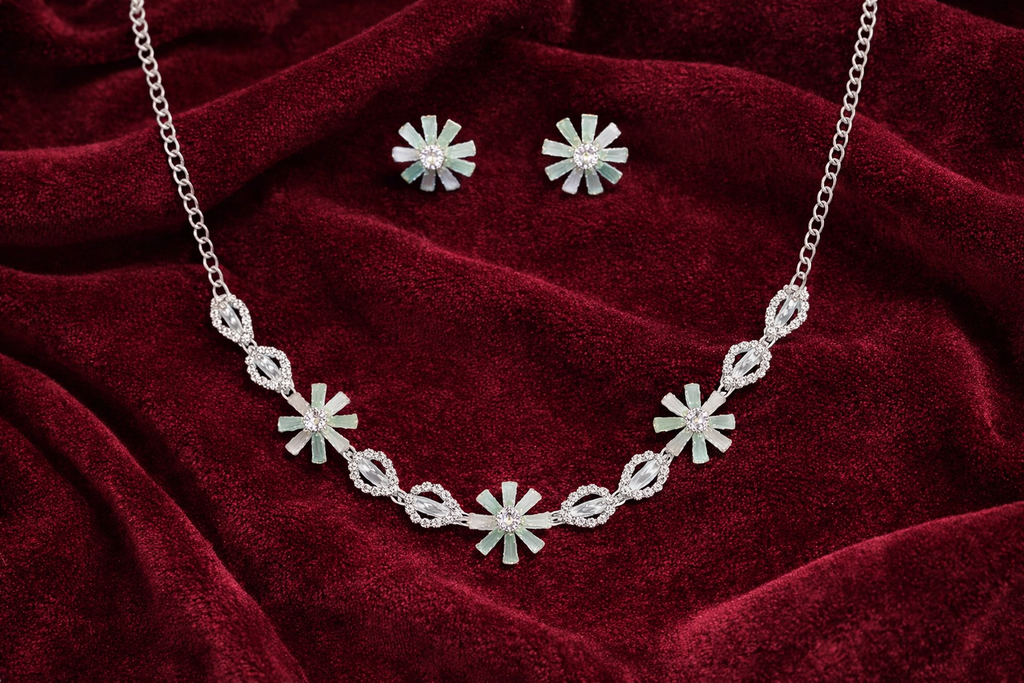 Mint Green Floral AD Necklace Set with Crystal Detailing and Earrings