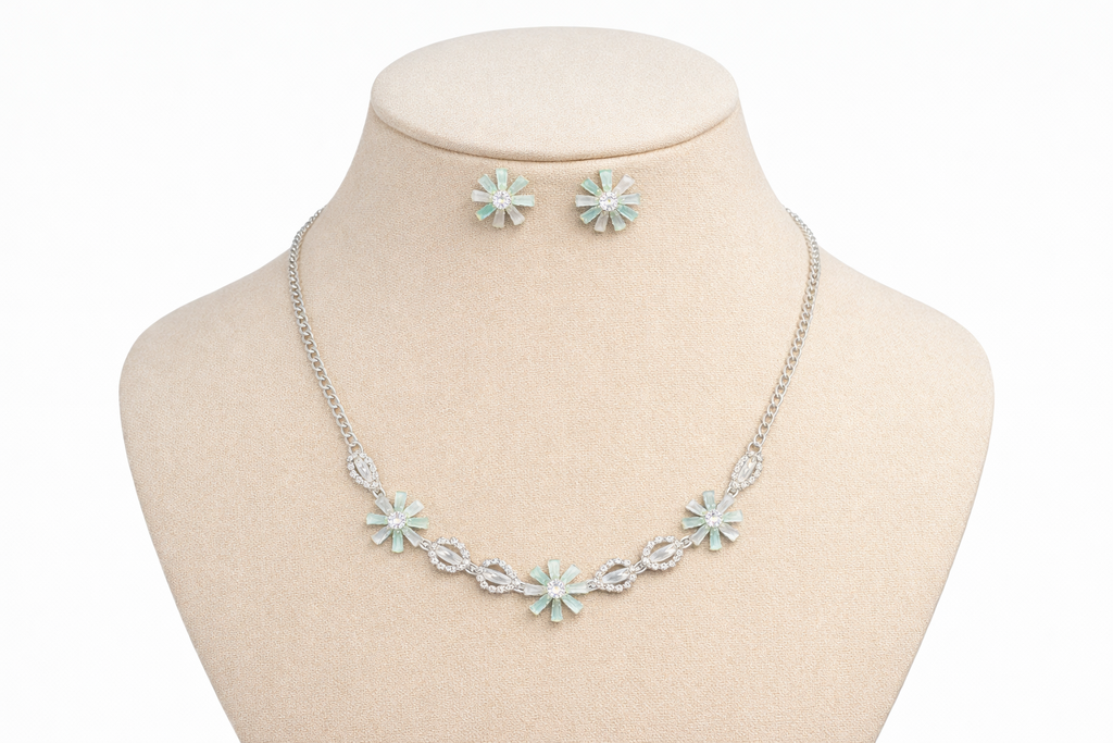 Mint Green Floral AD Necklace Set with Crystal Detailing and Earrings