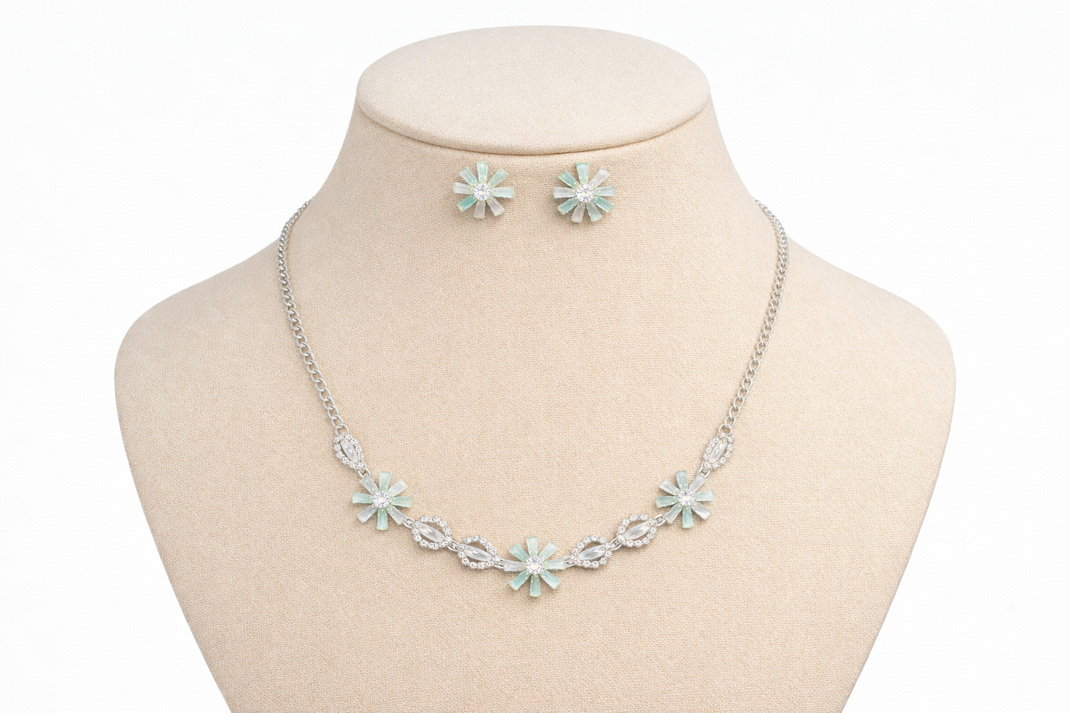 Mint Green Floral AD Necklace Set with Crystal Detailing and Earrings