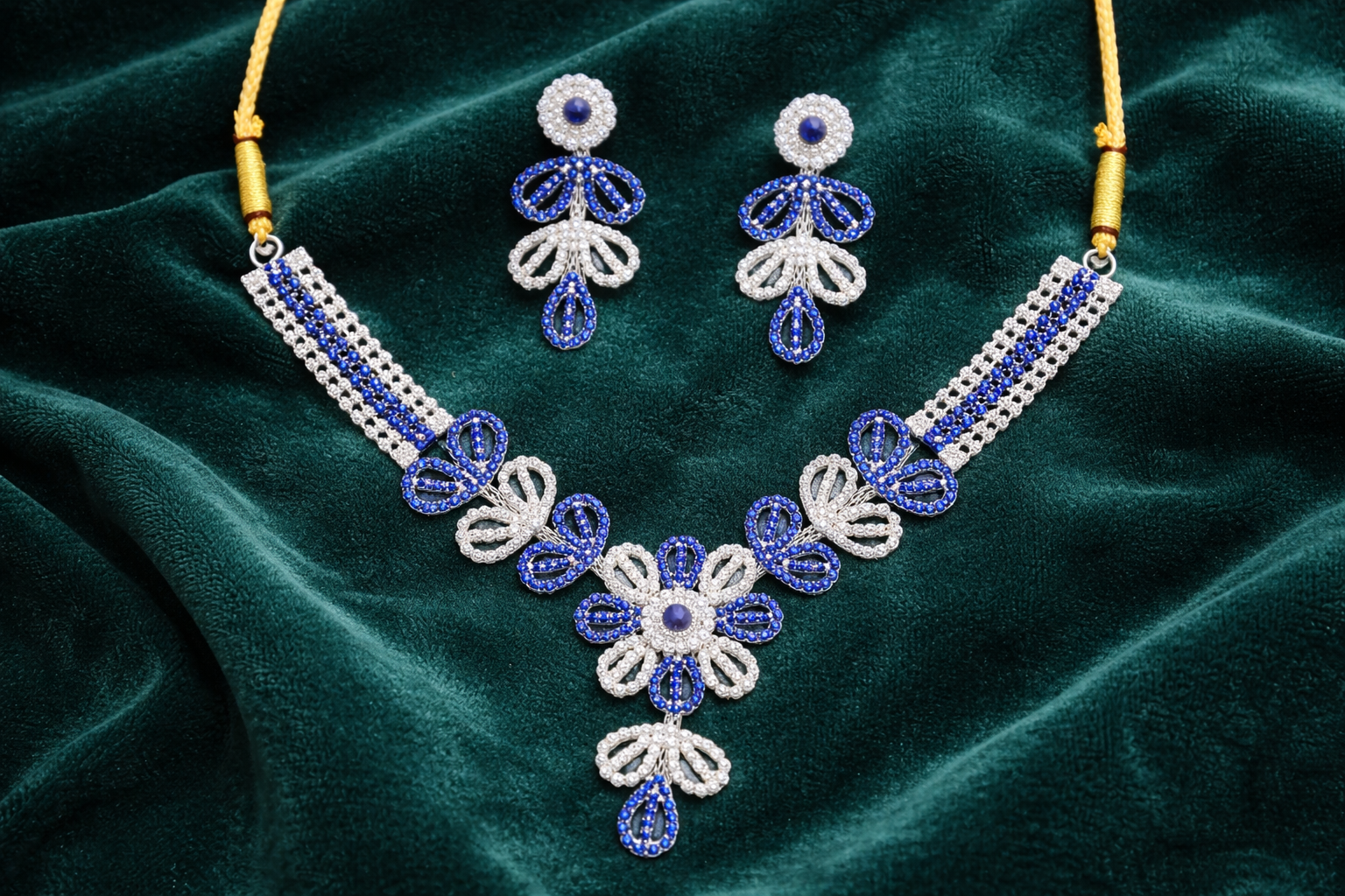 Blue Stone Floral Necklace Set with Dual Tone Design and Earrings