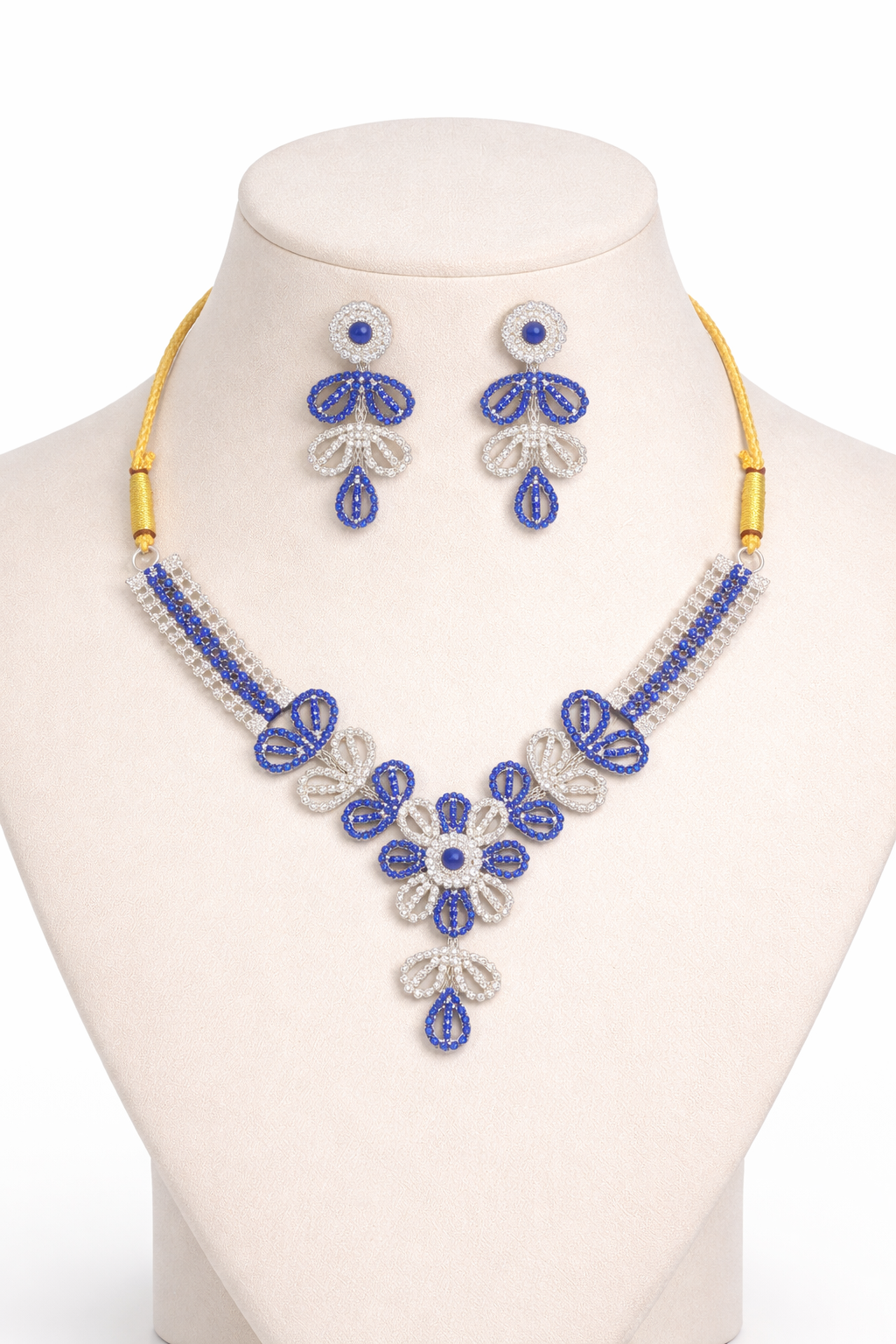 Blue Stone Floral Necklace Set with Dual Tone Design and Earrings