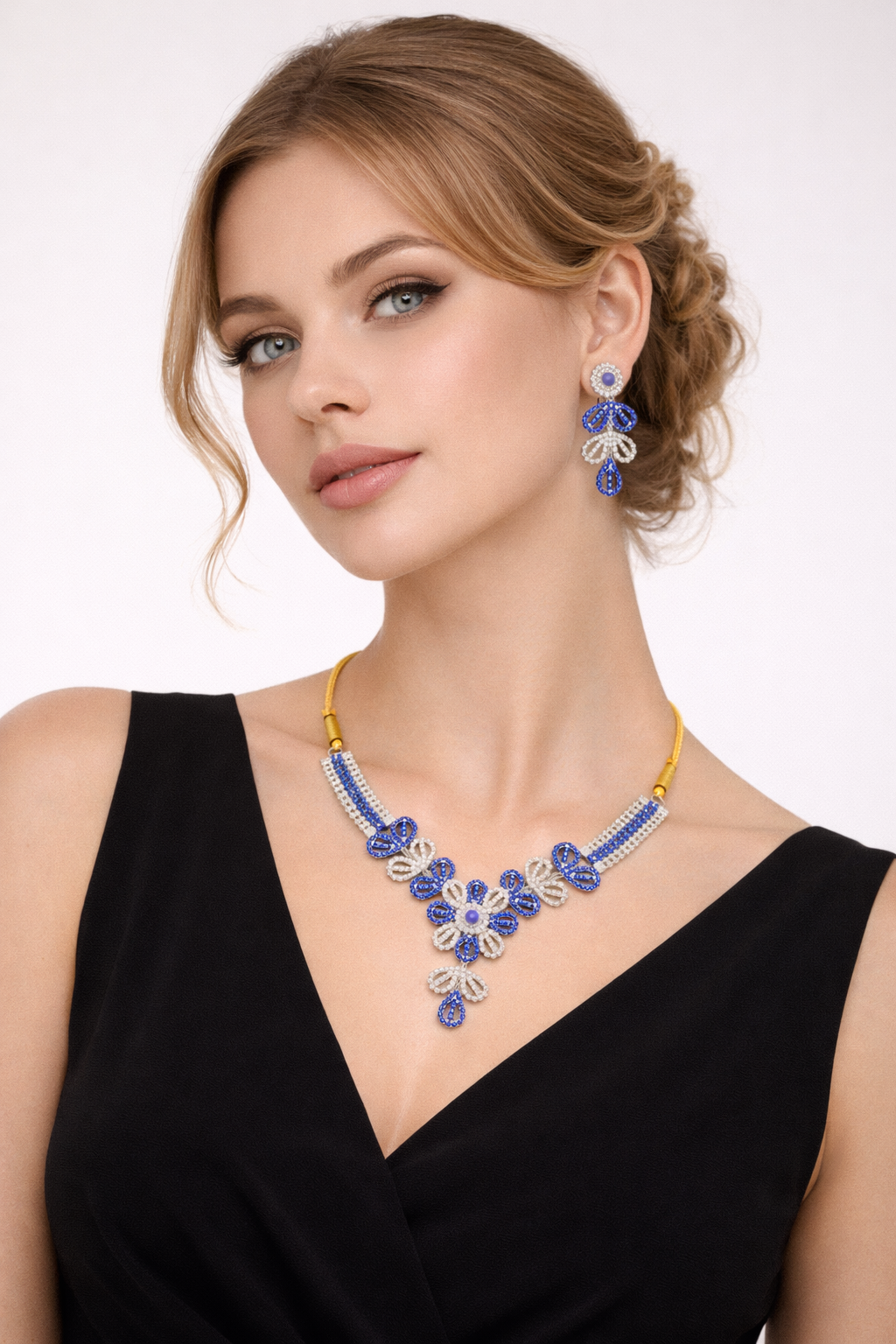 Blue Stone Floral Necklace Set with Dual Tone Design and Earrings