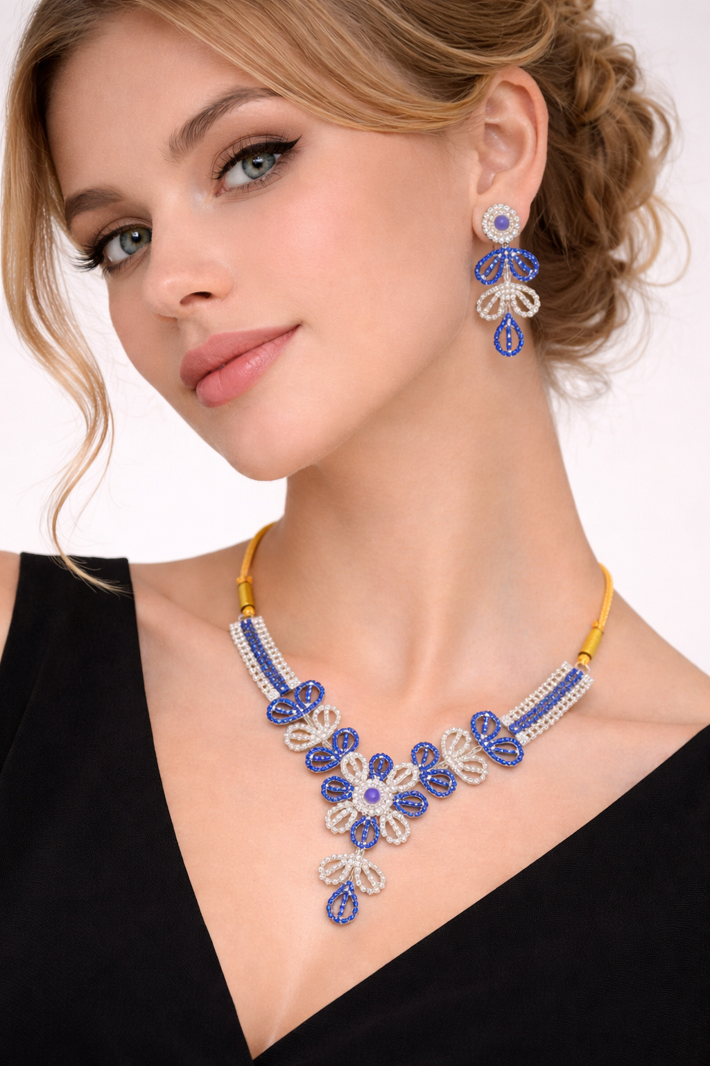 Blue Stone Floral Necklace Set with Dual Tone Design and Earrings