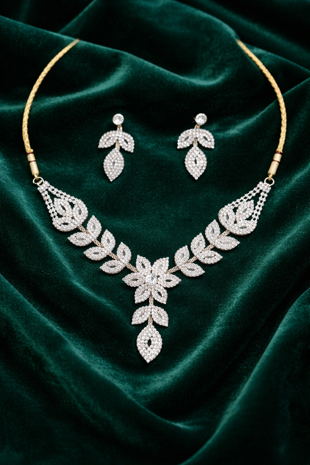 Dual Tone Floral Necklace Set with Leaf Design and Stud Earrings