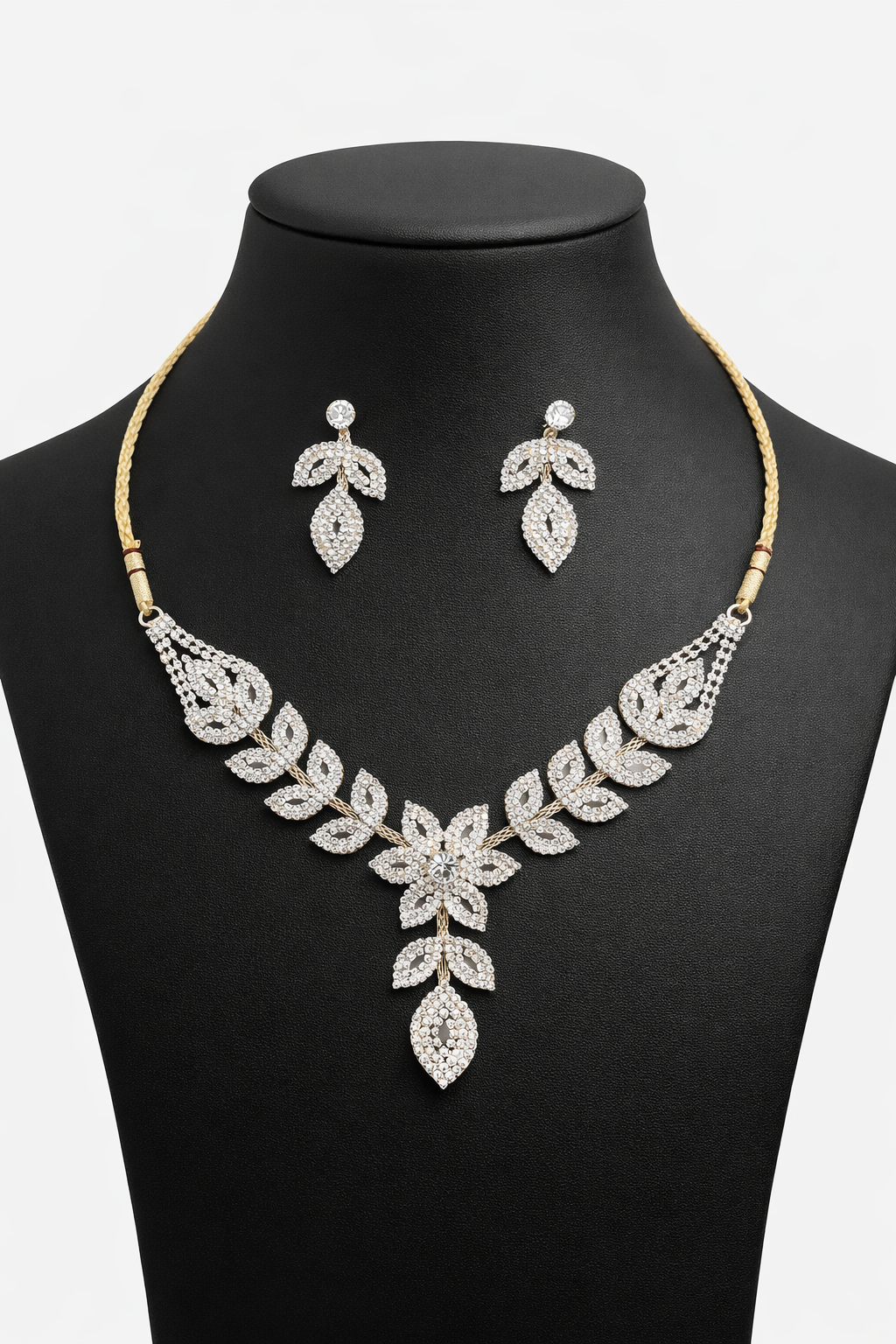 Dual Tone Floral Necklace Set with Leaf Design and Stud Earrings