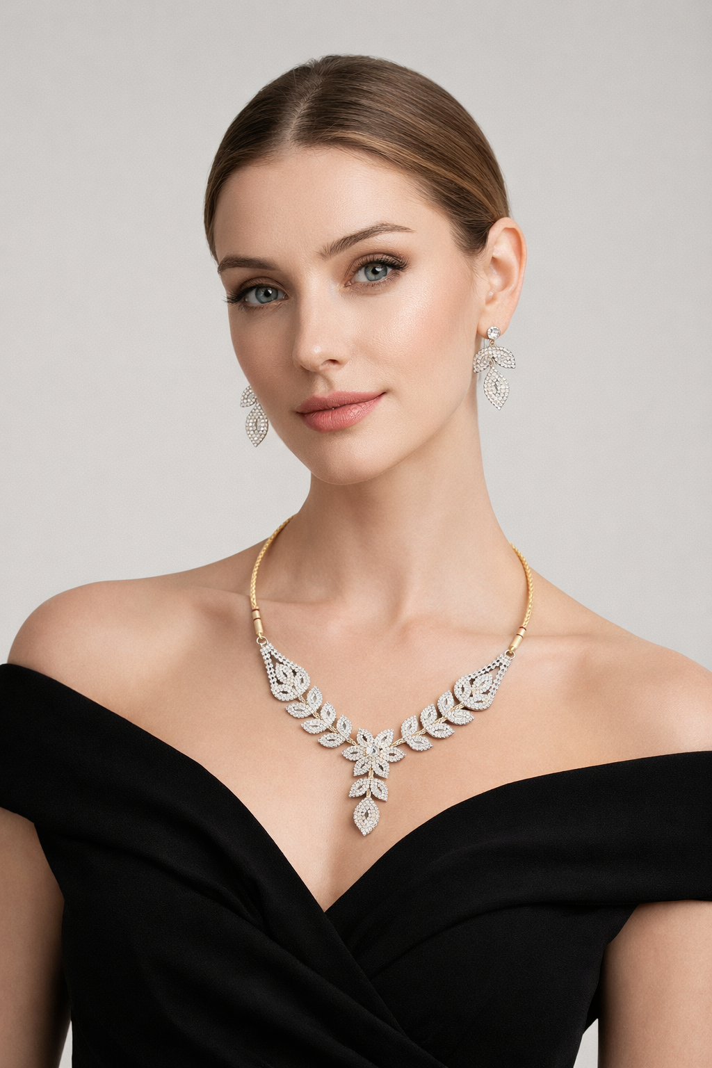 Dual Tone Floral Necklace Set with Leaf Design and Stud Earrings
