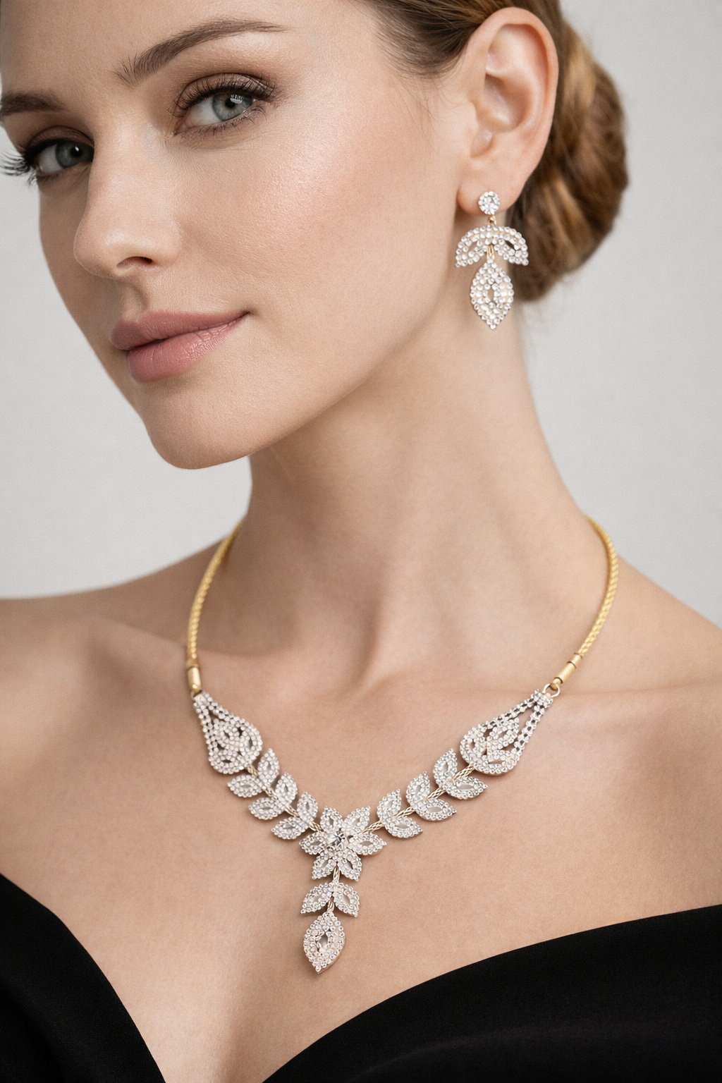 Dual Tone Floral Necklace Set with Leaf Design and Stud Earrings