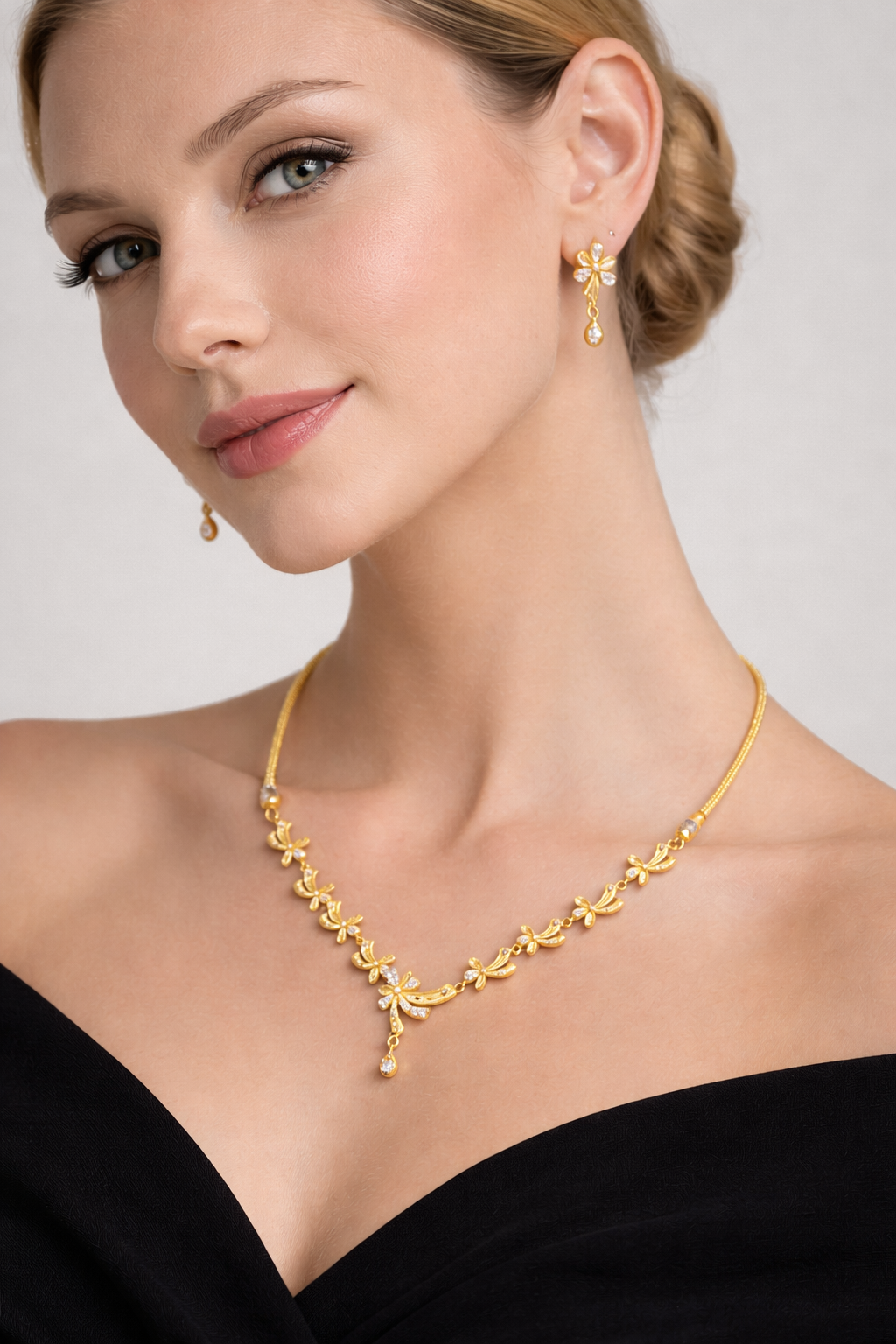 Stylish Gold Tone Necklace Set with Hanging Drop Earrings