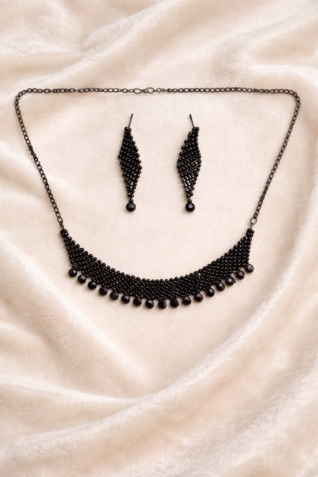 Black Beaded Statement Necklace Set with Fringe Design and Drop Earrings