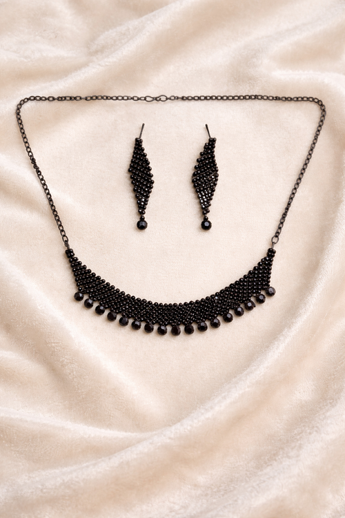 Black Beaded Statement Necklace Set with Fringe Design and Drop Earrings