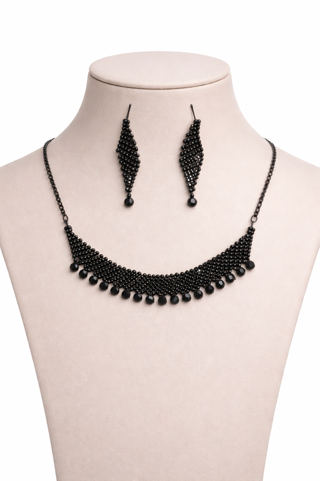 Black Beaded Statement Necklace Set with Fringe Design and Drop Earrings
