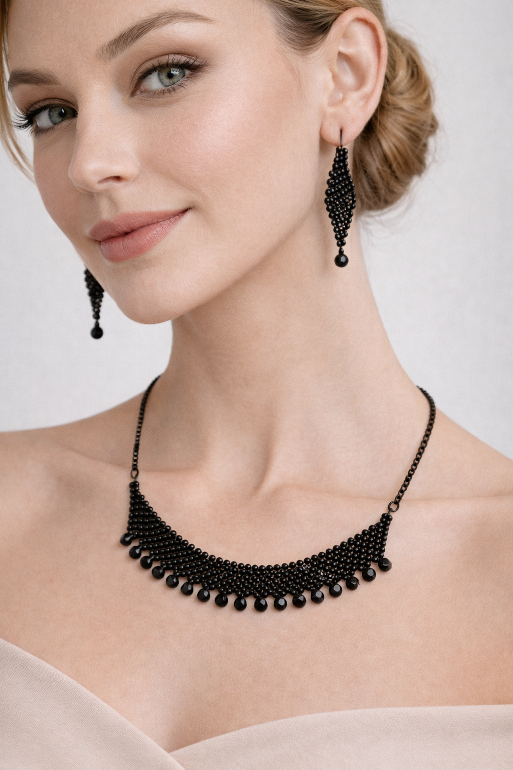 Black Beaded Statement Necklace Set with Fringe Design and Drop Earrings